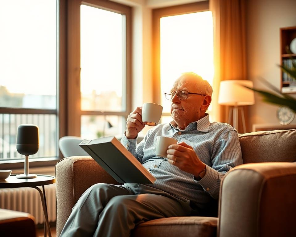 An elderly person sitting comfortably in a well-lit, modern apartment, reading a book and sipping a cup of tea. The room is bathed in warm, natural light streaming through large windows, with tasteful furnishings and a sense of calmness and independence. In the background, a smart home assistant device is visible, suggesting the integration of technology to enhance the senior's safety and autonomy. The scene conveys a feeling of contentment, security, and the ability to live independently with the support of reliable transportation services. An elderly person sitting comfortably in a well-lit, modern apartment, reading a book and sipping a cup of tea. The room is bathed in warm, natural light streaming through large windows, with tasteful furnishings and a sense of calmness and independence. In the background, a smart home assistant device is visible, suggesting the integration of technology to enhance the senior's safety and autonomy. The scene conveys a feeling of contentment, security, and the ability to live independently with the support of reliable transportation services.