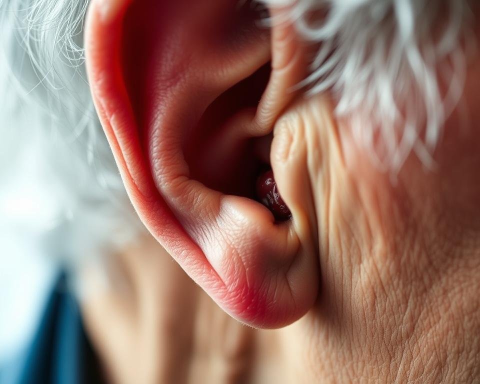 Closeup view of an elderly person's ear, with visible signs of hearing loss. The ear canal is partially obstructed, and the eardrum appears inflamed and irritated. The surrounding skin is flushed and reddened, indicating potential infection or damage. The lighting is soft and diffused, creating a sense of vulnerability and concern. The focus is sharp on the ear, while the background is gently blurred, directing the viewer's attention to the key details. The overall mood is one of medical concern and the need for professional evaluation and treatment.