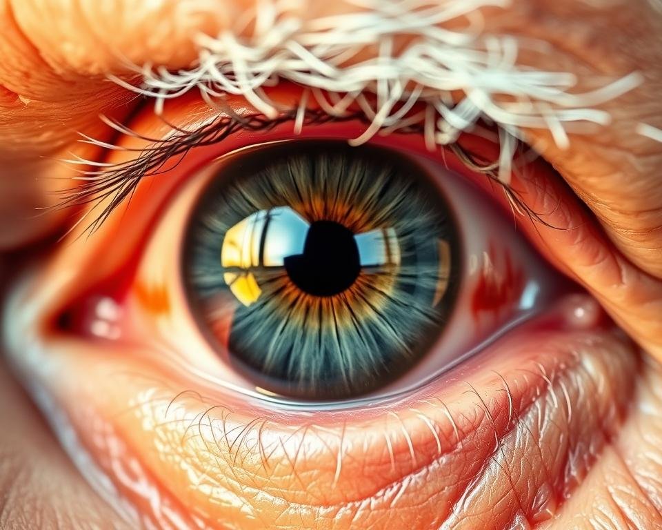 Detailed close-up of an elderly human eye, showcasing the age-related changes in its structure and appearance. Soft, warm lighting illuminates the intricate patterns of the iris, the cloudy lens, and the wrinkled eyelid skin. The pupil appears narrowed, reflecting the diminished light sensitivity. Subtle vascular changes are visible in the delicate sclera. The image captures the nuanced physiological transformations that occur in the eye over time, conveying a sense of the natural aging process.