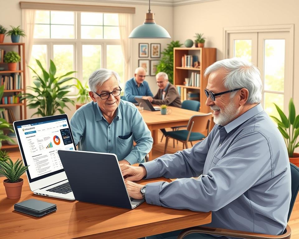 Detailed digital illustration of a group of retired seniors happily engaged in affiliate marketing activities. In the foreground, a senior couple sitting at a table, intently studying a laptop screen and reviewing affiliate program dashboards. In the middle ground, a small group of retirees gathered around a conference table, collaborating on digital marketing strategies. In the background, a warm, inviting home office setting with bookshelves, potted plants, and natural lighting filtering through large windows. The scene conveys a sense of empowerment, productivity, and a smooth transition into the digital economy for this demographic. Detailed digital illustration of a group of retired seniors happily engaged in affiliate marketing activities. In the foreground, a senior couple sitting at a table, intently studying a laptop screen and reviewing affiliate program dashboards. In the middle ground, a small group of retirees gathered around a conference table, collaborating on digital marketing strategies. In the background, a warm, inviting home office setting with bookshelves, potted plants, and natural lighting filtering through large windows. The scene conveys a sense of empowerment, productivity, and a smooth transition into the digital economy for this demographic.