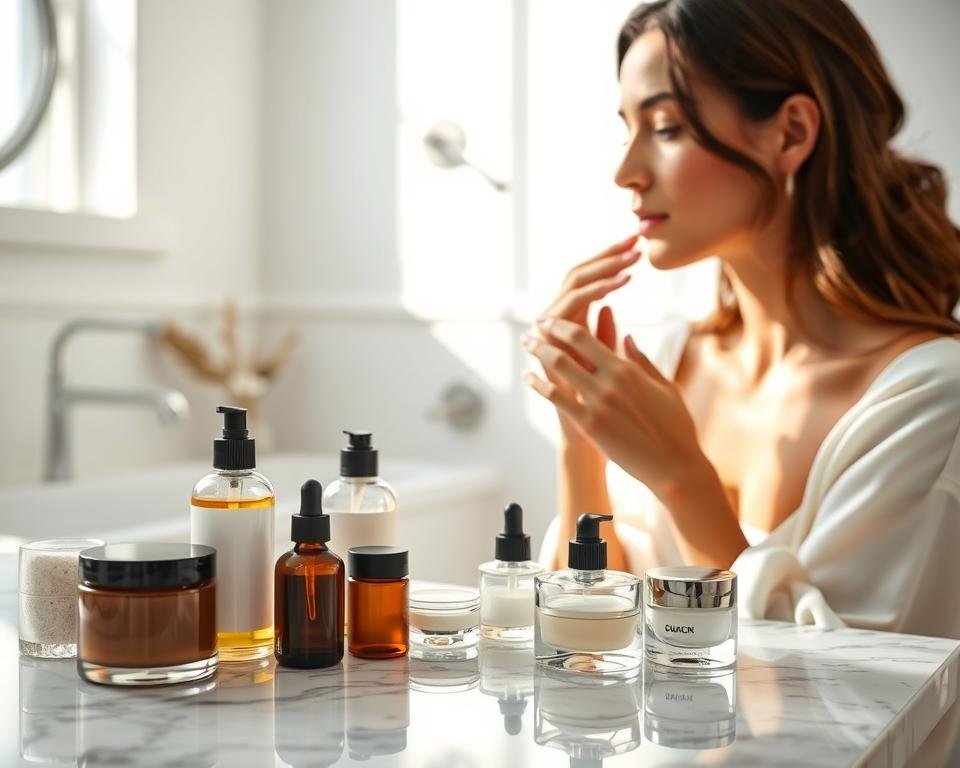 Elegant morning skincare routine taking place on a marble vanity. In the foreground, an arrangement of glass bottles and jars containing various skin care products - moisturizer, serum, sunscreen. Soft, warm lighting from a window casts a natural glow. In the middle ground, a woman's hands carefully applying the products to her face, her expression serene and focused. The background is a minimalist, white-walled bathroom with simple decor, creating a sense of calm and tranquility. The overall mood is one of self-care, wellness, and a considered approach to daily skin health. Elegant morning skincare routine taking place on a marble vanity. In the foreground, an arrangement of glass bottles and jars containing various skin care products - moisturizer, serum, sunscreen. Soft, warm lighting from a window casts a natural glow. In the middle ground, a woman's hands carefully applying the products to her face, her expression serene and focused. The background is a minimalist, white-walled bathroom with simple decor, creating a sense of calm and tranquility. The overall mood is one of self-care, wellness, and a considered approach to daily skin health.