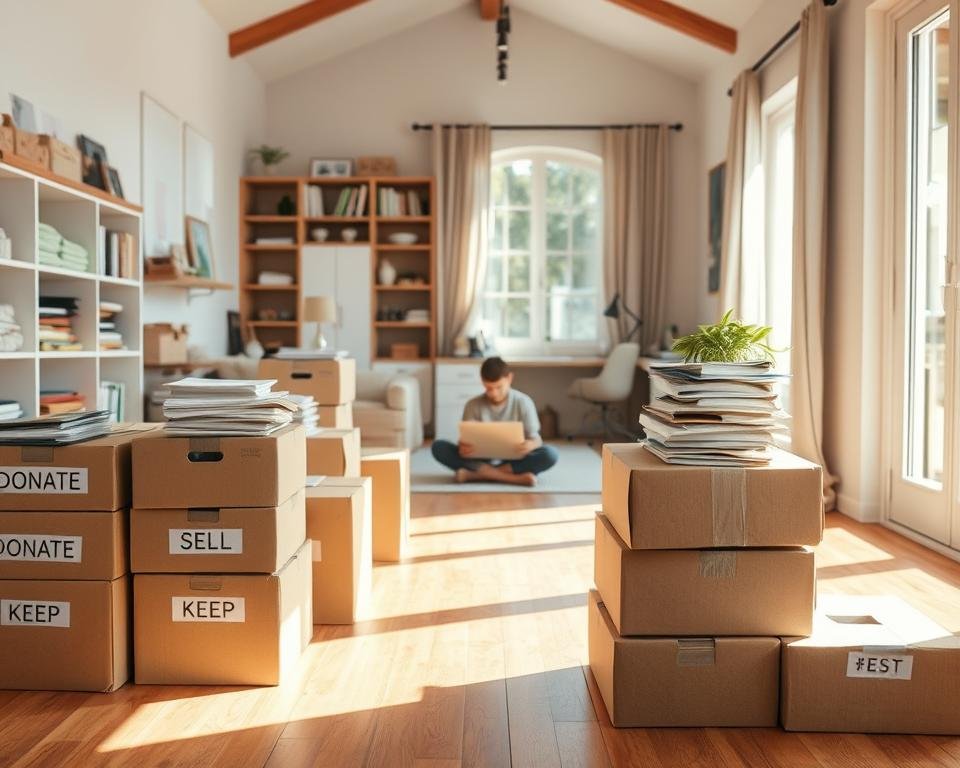 Prompt A cozy, well-lit home interior with a clean, organized look. In the foreground, stacks of boxes, labeled with categories like 'donate', 'sell', and 'keep', sit on a wooden floor. Shelves and cabinets line the walls, their contents neatly arranged. Sunlight streams in through large windows, casting a warm glow. In the middle ground, a person sits cross-legged, sorting through items and making piles. In the background, a minimalist desk and chair setup, signifying a productive workspace. The overall atmosphere is one of focus, calmness, and a sense of control over the decluttering process. The image conveys the thoughtful and intentional nature of pre-move organization.
