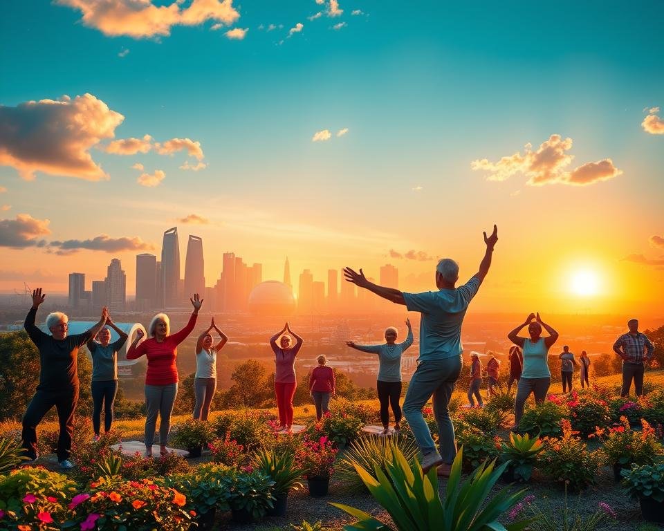 Vibrant landscape depicting a healthier future. In the foreground, a diverse group of seniors engaging in various wellness activities - yoga, tai chi, gardening. The middle ground showcases advanced medical technology, such as diagnostic scanners and telemedicine stations. In the background, a futuristic city skyline with green spaces, renewable energy infrastructure, and a glowing sunset sky. Warm, harmonious lighting accentuates the sense of wellbeing and progress. Cinematic, wide-angle lens captures the holistic vision of cancer prevention and early detection strategies empowering seniors to thrive.