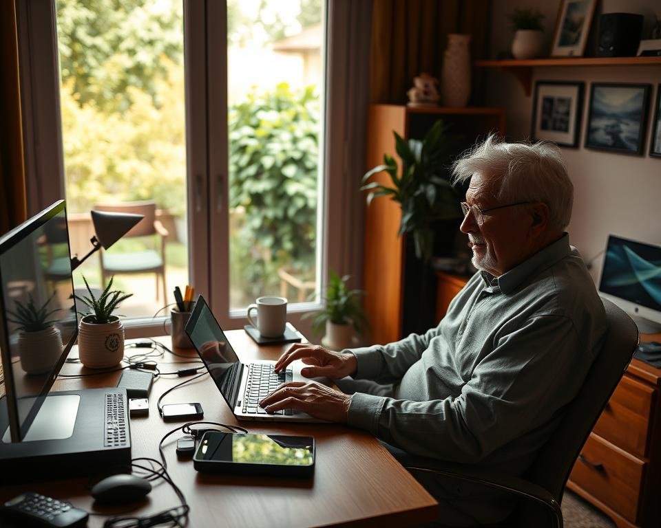 a warm, inviting home office setup with a senior person using a laptop computer, surrounded by various digital devices and tech gadgets, with a large window in the background overlooking a lush garden, soft natural lighting illuminating the scene, a sense of comfort and connection to technology