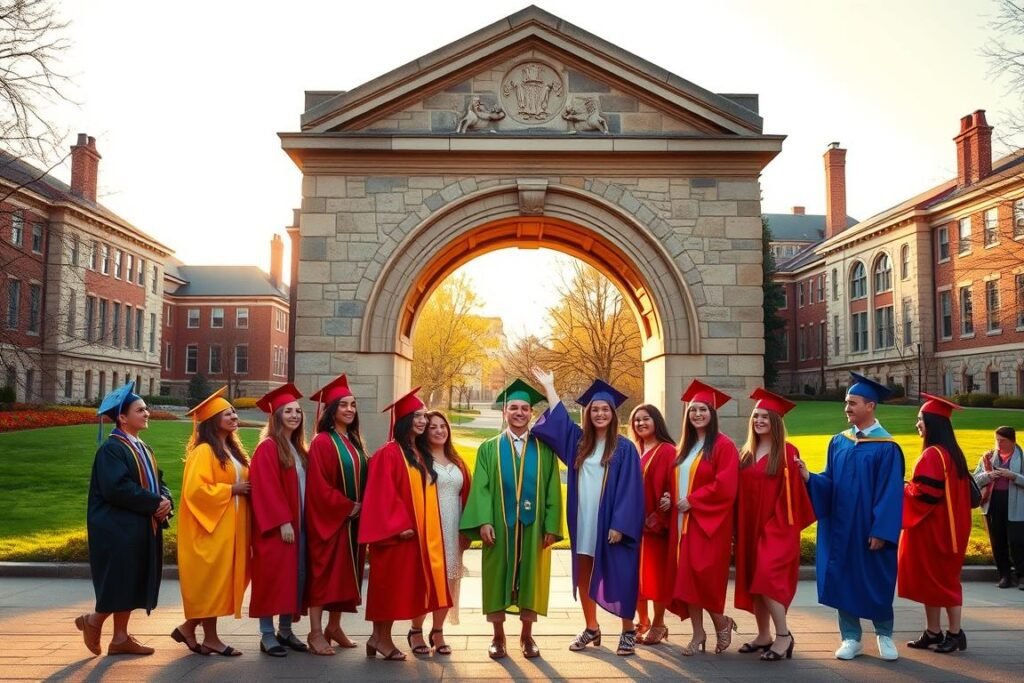 A college campus on a sunny spring day, students in colorful graduation gowns posing for photos near iconic landmarks such as a grand stone archway and a verdant lawn. The scene is bathed in warm, golden-hour lighting, creating a soft, dreamy atmosphere. The graduates stand proudly, their mortarboards tossed high, capturing the joy and excitement of this milestone achievement. The campus buildings in the background are rendered in crisp, detailed architectural lines, providing a visually interesting and cohesive backdrop. The overall composition is balanced, with the graduates as the clear focal point, surrounded by the picturesque campus setting.