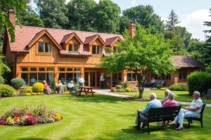A cozy and inviting care home nestled amidst a lush, verdant landscape. The building features a warm, traditional architectural style with red-tiled roofs and large windows that flood the interior with natural light. The well-manicured front lawn is dotted with colorful flower beds and a few mature trees, creating a peaceful, serene atmosphere. In the foreground, a group of elderly residents enjoy the outdoors, engaged in gentle activities or simply resting on comfortable benches. Inside, the care home is equipped with modern facilities and staff attentively tending to the residents' needs. The overall scene conveys a sense of comfort, security, and a high quality of life for the elderly individuals residing in this nurturing care environment.
