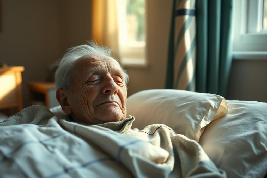 A frail elderly nursing home resident resting peacefully in a sunlit room, their face etched with the wisdom of a lifetime. Soft natural light filters through the window, casting a warm glow on the scene. The room is sparse but cozy, with a simple bed, nightstand, and chair. The resident's expression is serene, conveying a sense of comfort and contentment in their twilight years. The atmosphere is one of tranquility and care, reflecting the compassionate environment of a well-run nursing home facility.