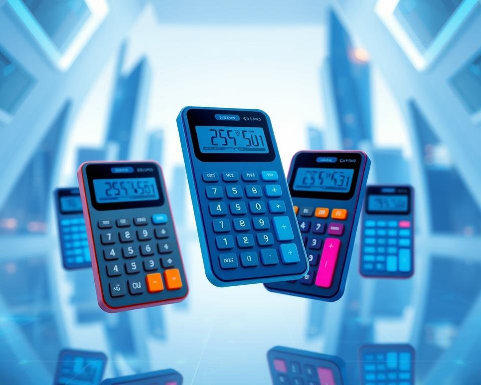 A futuristic and sleek image of a group of state-of-the-art retirement calculators, floating in a minimalist, high-tech environment. The calculators are rendered in a range of bold, modern colors, their digital displays shimmering with cutting-edge financial data. The scene is bathed in a cool, blue-tinted lighting, creating a sense of technological sophistication. The foreground features the calculators in clear focus, while the background showcases a blurred, angular landscape of skyscrapers and futuristic architecture, hinting at the evolving landscape of retirement planning tools. The overall composition conveys a sense of innovation, progress, and the promise of a secure financial future.