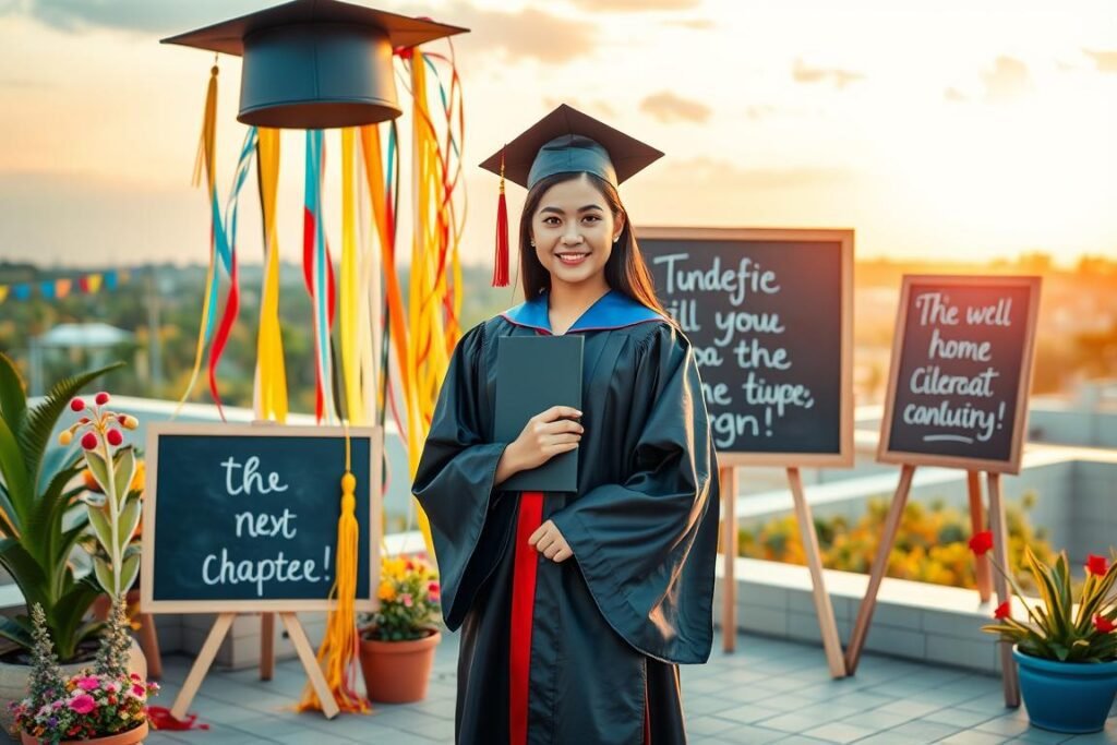A graduation portrait in a vibrant and creative setting. In the foreground, a graduate poses confidently, wearing a flowing academic robe and cap, holding their diploma. The middle ground features a mix of whimsical props - a giant graduation cap, colorful streamers, and a chalkboard with inspirational messages. The background showcases a dreamlike landscape, perhaps a lush garden or an urban rooftop, bathed in warm, golden hour lighting. The overall composition conveys a sense of achievement, optimism, and a celebration of the next chapter. The lighting is soft and flattering, with a shallow depth of field to keep the focus on the graduate. The mood is joyful, celebratory, and full of possibilities.