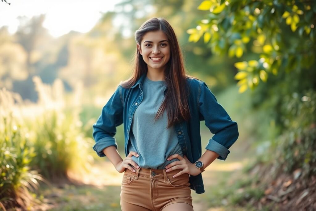 A high school senior posing in a natural outdoor setting, surrounded by lush greenery and warm sunlight. The subject stands confidently, hands on hips, wearing a stylish yet casual outfit that accentuates their personality. The camera angle is slightly elevated, creating a flattering perspective that highlights the senior's poise and confidence. Soft, diffused lighting casts gentle shadows, creating depth and dimension. The background is slightly blurred, drawing the viewer's attention to the subject's face and expression, which radiates a sense of optimism and excitement for the future.
