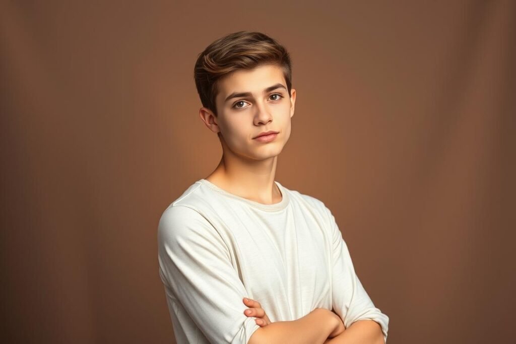 A high school senior stands confidently, shoulders back, head held high, gazing directly at the camera. Soft, warm lighting bathes their face, creating gentle shadows that accentuate their features. The background is a simple, elegant studio setting with a seamless backdrop, allowing the subject to be the focal point. The lens is a medium-length prime, capturing a natural, portrait-style framing that emphasizes the subject's poise and presence. The overall mood is one of self-assurance, pride, and the excitement of this milestone moment.