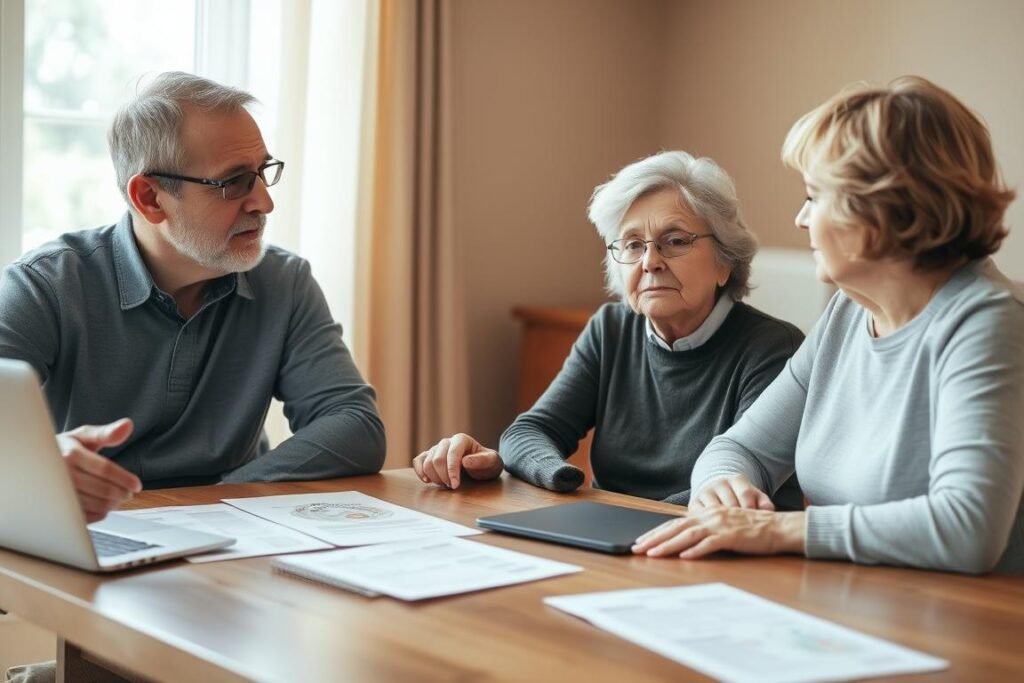 A middle-aged couple sits at a wooden table, discussing financial options with a compassionate assisted living advisor. Soft, natural lighting filters through the room, creating a contemplative atmosphere. The couple's expressions convey concern, yet they appear engaged in the conversation. On the table, there are documents and a laptop, hinting at the process of navigating Medicaid coverage and out-of-pocket costs. The background features a warm, neutral-toned interior, lending a sense of comfort and security to the scene.