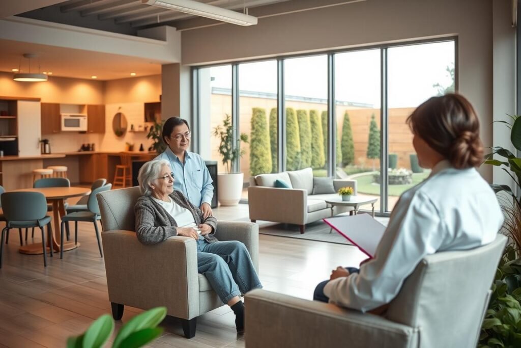 A modern medical facility with a warm and welcoming atmosphere. In the foreground, a senior resident is seated comfortably in a plush armchair, engaging in a conversation with a Medicaid case worker. The middle ground showcases various assisted living amenities, including a communal lounge area with cozy furnishings and large windows that flood the space with natural light. The background features a well-manicured outdoor garden, providing a serene and tranquil setting. Soft lighting, muted colors, and a sense of care and security permeate the scene, conveying the notion that Medicaid can indeed cover the costs of assisted living for eligible individuals.