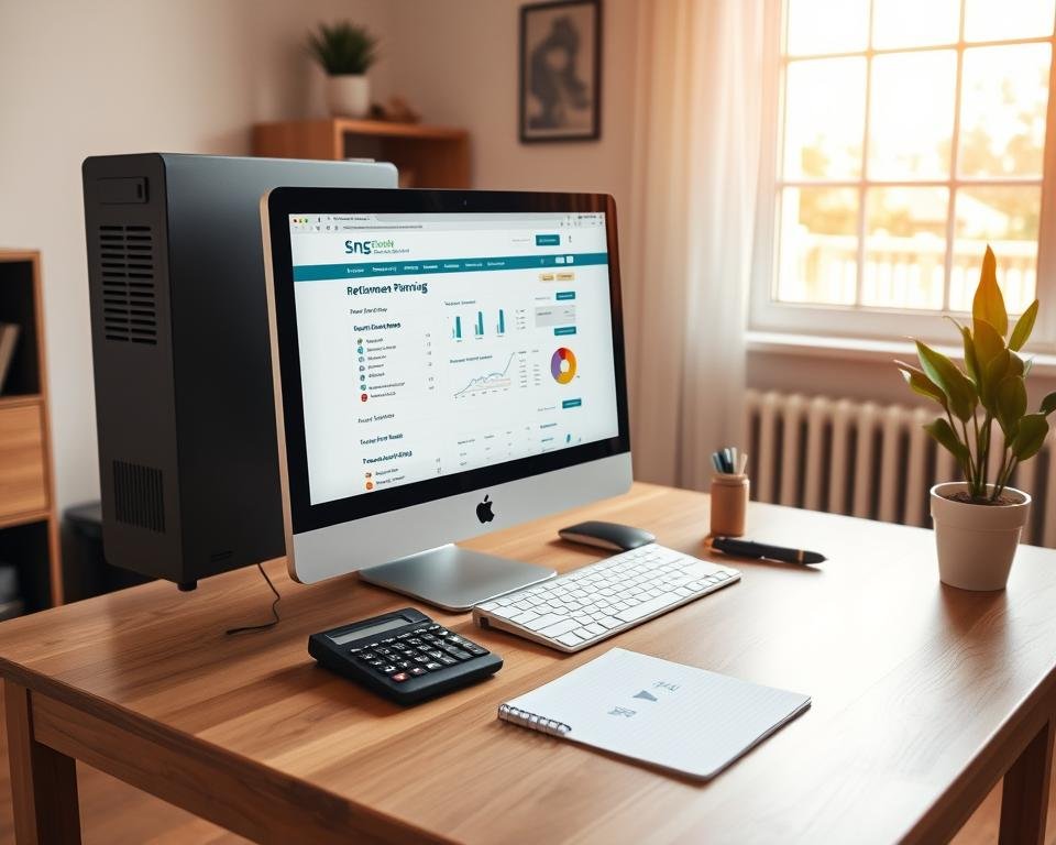 A neatly organized home office setup, with a desktop computer, a notepad, and a calculator placed on a clean, wooden desk. The room is bathed in warm, natural lighting coming through a large window, creating a cozy and focused atmosphere. On the computer screen, a retirement planning website is displayed, with various financial tools and calculators ready to be used. The overall scene conveys a sense of productivity, diligence, and a thoughtful approach to retirement planning.