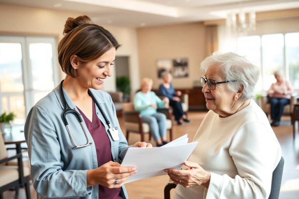 A serene and inviting assisted living facility, bathed in warm, natural lighting. In the foreground, a caring staff member guides an elderly resident through the application process, meticulously reviewing documents and discussing Medicaid eligibility requirements. In the middle ground, other residents engage in various activities, such as socializing in a cozy lounge or participating in a group exercise class. The background depicts a well-appointed, modern facility with clean lines, comfortable furnishings, and scenic views through large windows, conveying a sense of security and well-being. The overall atmosphere is one of professionalism, compassion, and a commitment to providing personalized care and support for those in need of Medicaid-assisted living.