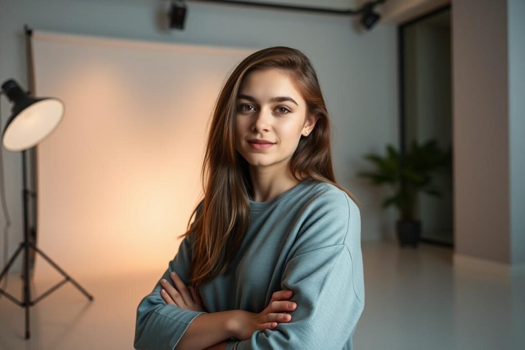 A serene, elegantly lit studio setting with a modern backdrop, featuring a high school senior striking a confident, yet relaxed pose. Their face is illuminated by soft, directional lighting, creating a warm, atmospheric ambiance. The senior's expression conveys a sense of poise and self-assurance, reflecting their unique personality. The camera angle is slightly elevated, emphasizing the subject's stature and presence. The overall composition is balanced, with the senior's pose and attire complementing the minimalist, yet sophisticated studio environment.