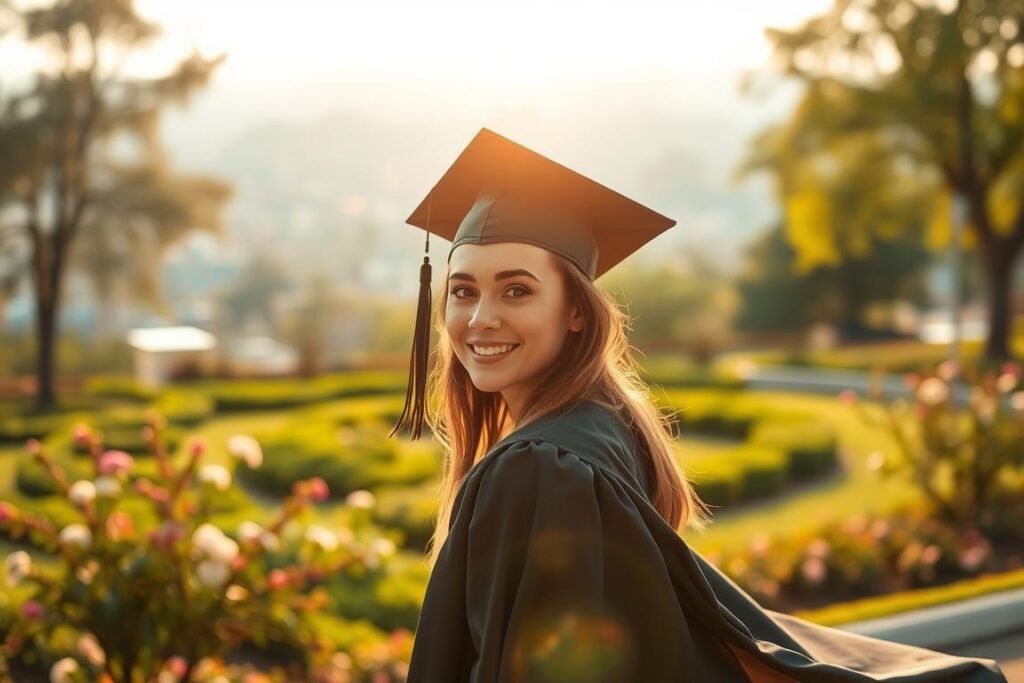 A stunning graduation photo in a picturesque outdoor setting. In the foreground, a graduate in a flowing gown and cap, their face lit by warm, golden hour sunlight casting soft shadows. In the middle ground, a lush, green garden or park-like environment with blooming flowers and trees. In the background, a serene, blurred cityscape or landscape, adding depth and context. The composition is carefully balanced, with the graduate positioned slightly off-center, creating a sense of dynamic movement. The lighting is soft and natural, accentuating the graduate's features and the vibrant colors of the setting. The overall mood is celebratory, reflecting the joyous occasion of graduation.