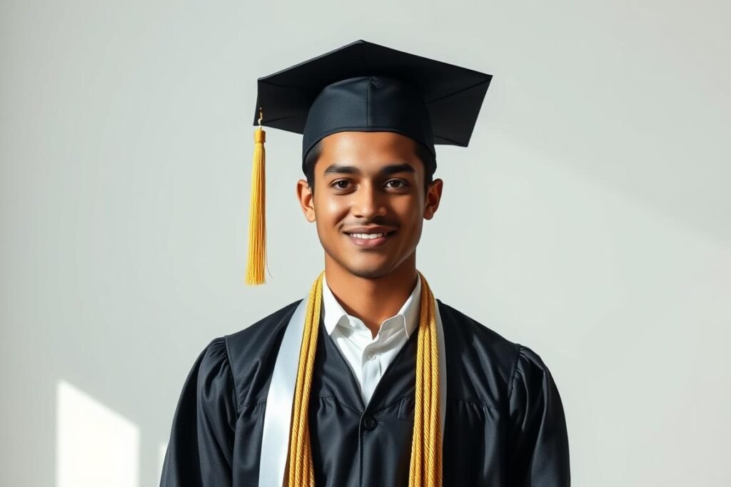 A stylish graduation portrait with a modern, creative flair. A graduate in their cap and gown stands confidently against a clean, minimalist backdrop, their expression conveying a sense of pride and achievement. Soft, natural lighting illuminates their face, casting subtle shadows that add depth and dimension. The composition is balanced, with the graduate centered and framed by negative space, drawing the eye to their confident pose. The overall atmosphere is one of celebration and accomplishment, capturing the significance of this milestone moment.