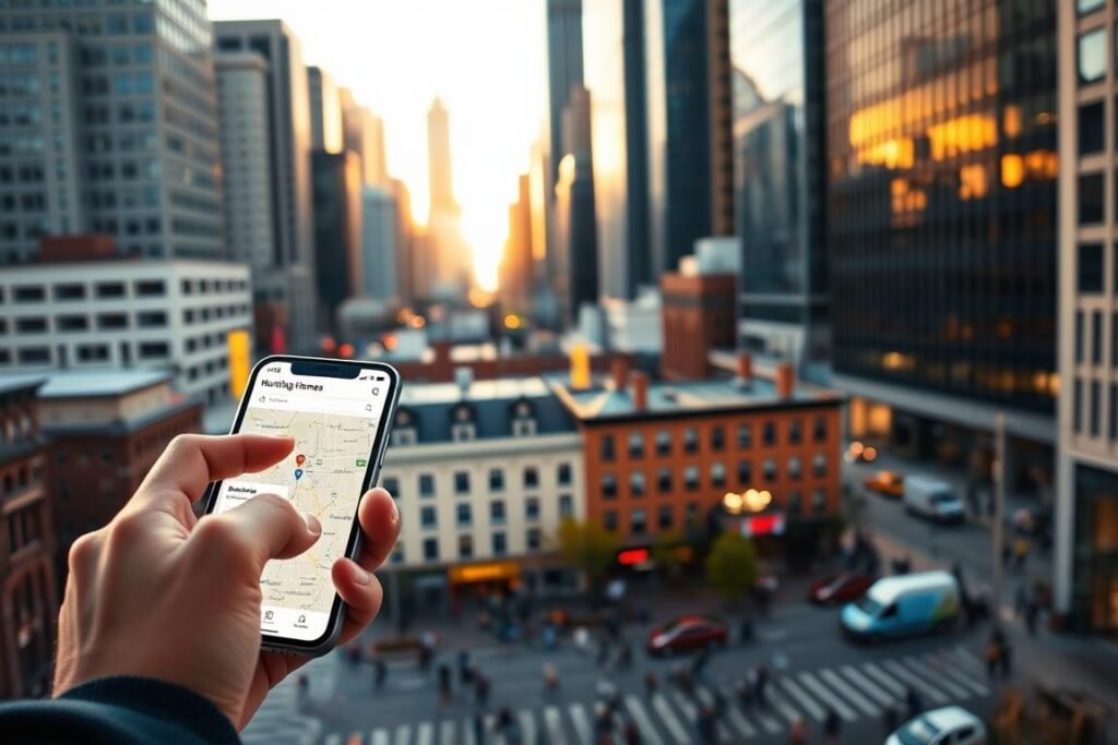 A vibrant city landscape, with a focus on the search for nursing homes in the area. In the foreground, a person using a smartphone, fingers tapping the screen as they navigate a local directory or online map. The midground features a cluster of nursing home buildings, their facades clearly visible, each with a distinctive architectural style. In the background, a bustling urban environment with skyscrapers, pedestrians, and vehicles moving through the streets. Warm, golden-hour lighting casts a soft glow over the scene, creating a sense of accessibility and approachability. The overall atmosphere conveys the idea of a seamless, user-friendly process of finding and comparing local nursing home options.
