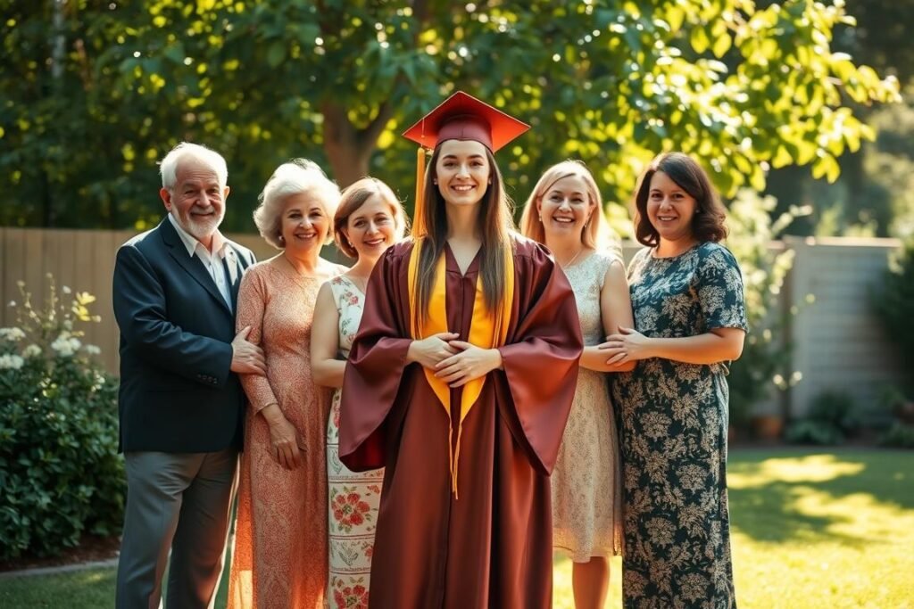 A warm, sun-drenched backyard setting, with a graduate in a flowing gown standing proudly in the foreground, surrounded by a joyful family. Grandparents, parents, and siblings gather close, each with beaming smiles, their arms lovingly draped around the graduate. The soft, golden light filters through the lush, verdant foliage, casting a gentle, celebratory glow. A wide-angle lens captures the intimate, authentic moment, framing the cohesive family unit against a blurred, natural backdrop. The overall mood is one of pride, love, and a sense of accomplishment, perfectly encapsulating the spirit of a meaningful graduation celebration.