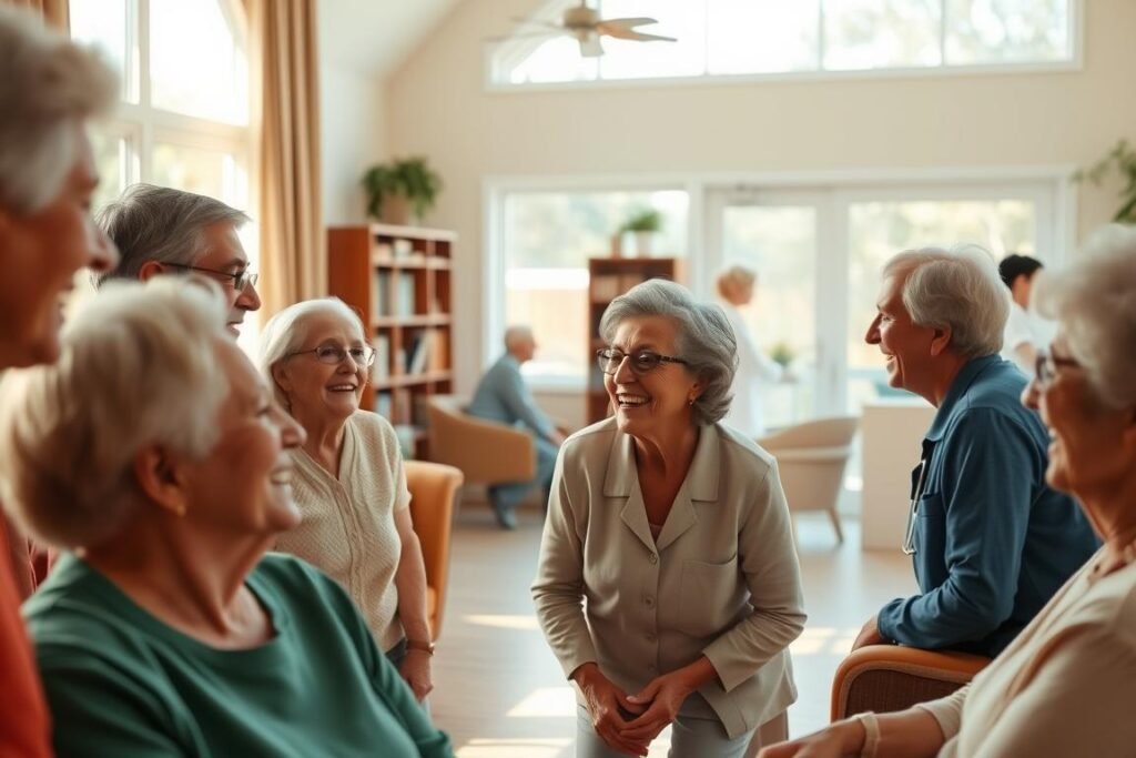 A warm, welcoming senior care nursing home interior, bathed in soft natural lighting from large windows. In the foreground, a group of elderly residents engaged in a lively conversation, their faces filled with joy and camaraderie. The middle ground features a cozy lounge area with comfortable armchairs and bookshelves, while the background showcases a well-equipped nurses' station, staffed by attentive and compassionate healthcare professionals. The overall atmosphere conveys a sense of comfort, security, and community, reflecting the care and attention given to the residents' well-being.
