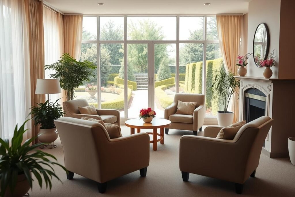 A well-lit, airy nursing home interior featuring a cozy living room with plush armchairs, a decorative fireplace, and large windows overlooking a lush, manicured garden outside. The scene exudes a warm, inviting atmosphere, with soft natural lighting filtering through gauzy curtains. The furnishings are modern yet comfortable, reflecting a sense of care and attention to the residents' wellbeing. The overall impression is one of a peaceful, homelike environment that caters to the needs and preferences of the nursing home's occupants.