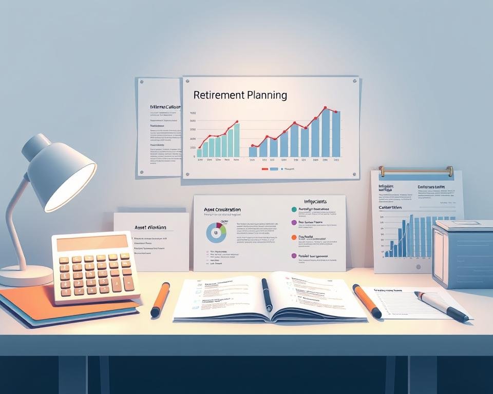 A well-lit, detailed illustration of a diverse set of retirement planning tools, including a retirement calculator, a graph depicting investment growth, an infographic on asset allocation, and a checklist of key considerations. The tools are arranged on a clean, minimalist desk surface, with a soft, warm lighting illuminating the scene. The overall mood is one of organization, professionalism, and financial literacy, conveying the importance of thoughtful retirement planning.