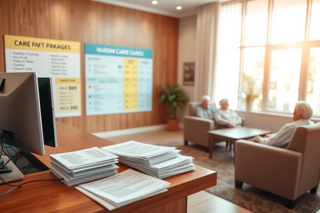 A well-lit interior of a modern nursing home reception area. In the foreground, a polished wooden desk with a computer and stacks of paperwork, representing the administrative and financial aspects of the facility. Behind the desk, a display showcasing different care packages and pricing options, highlighting the range of services and associated costs. In the middle ground, comfortable seating areas where residents and their families can discuss contractual details and payment arrangements with the staff. The background features warm, natural lighting filtering through large windows, creating a welcoming and reassuring atmosphere. Overall, the scene conveys a professional, transparent, and informative environment focused on the practical and financial considerations of nursing home care.