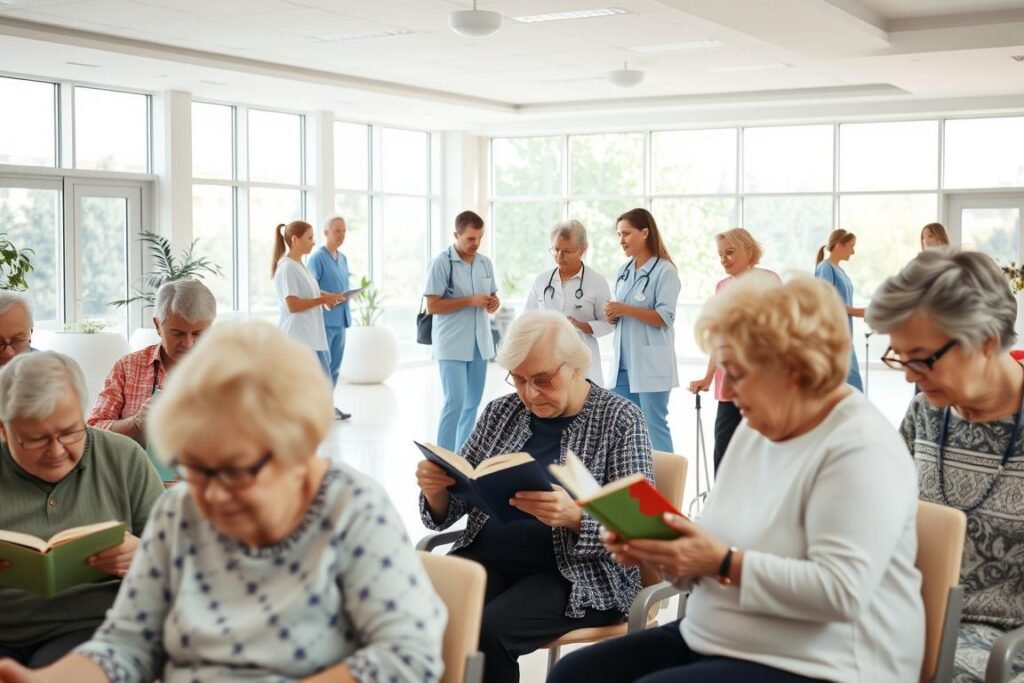 A well-lit, spacious nursing home interior with a welcoming atmosphere. In the foreground, a group of elderly residents engaged in a variety of activities - some reading books, others participating in a group exercise session. The middle ground features a team of attentive nurses and caregivers assisting the residents, conveying a sense of professionalism and compassionate care. In the background, expansive windows allow natural light to flood the space, creating a bright and airy ambiance. The overall scene reflects the modern, comfortable, and high-quality services offered in a skilled nursing facility.