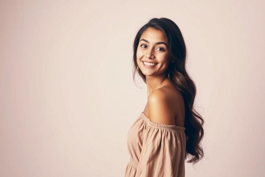 A young woman stands gracefully against a soft, pastel backdrop, her face tilted slightly to one side, a hint of a smile on her lips. She wears a flowing, off-the-shoulder dress in a muted, earthy tone that complements her warm skin tone. Her hair is styled in gentle waves, framing her face. The lighting is soft and diffused, creating a flattering, ethereal glow. The camera angle is slightly elevated, capturing her from a slightly elevated perspective, emphasizing her poise and confidence. The overall mood is serene, elegant, and effortlessly beautiful, reflecting the essence of a timeless senior portrait.