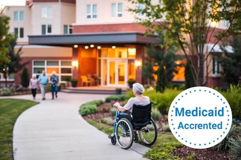 Assisted living facility with Medicaid acceptance, exterior view. Warm, welcoming facade with modern architecture and accessible entryway. Mature landscaping with lush greenery and well-maintained pathways. Elderly residents in wheelchairs or with walkers casually strolling the grounds. Bright, ambient lighting accentuates the soothing atmosphere. Mid-morning scene capturing the peaceful, supportive environment. Focus on the building's signage and prominent "Medicaid Accepted" notice, conveying the inclusive, affordable nature of the care provided.