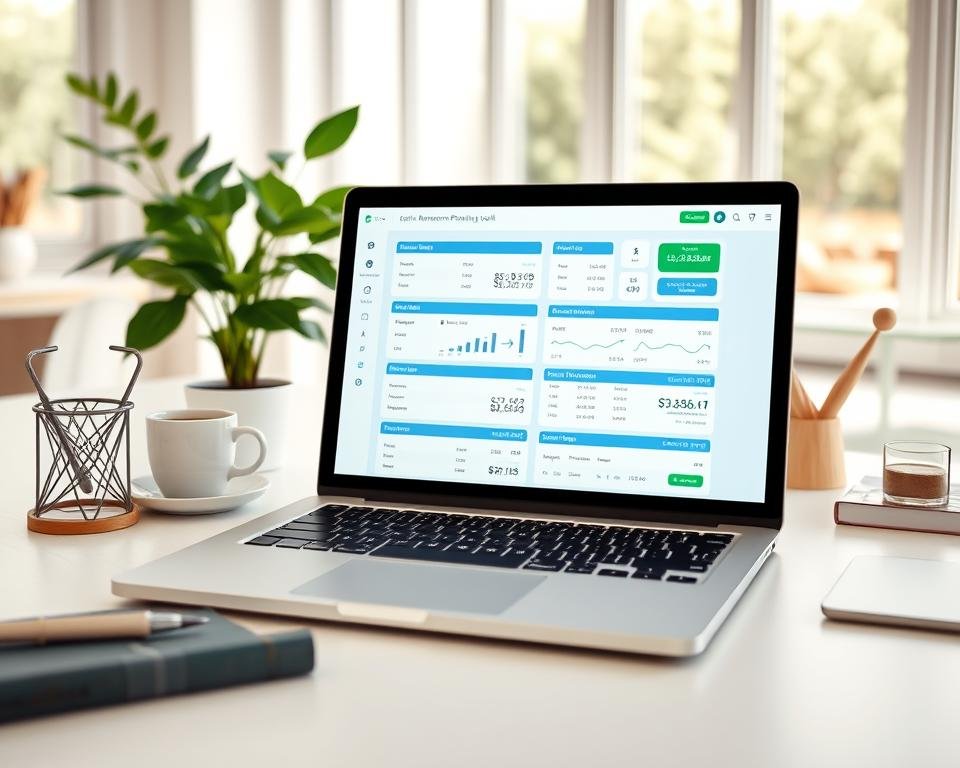 a sleek, modern retirement planning tool displayed on a minimalist desk, with a laptop, a pen, and a stylish desk organizer in the foreground. The tool is presented as a digital interface on the laptop screen, showcasing various financial calculations, graphs, and investment options. The middle ground features a potted plant and a cup of coffee, creating a calm and focused atmosphere. The background is a bright, airy room with large windows, allowing natural light to flood the space and highlighting the clean, uncluttered design of the retirement planning tool.