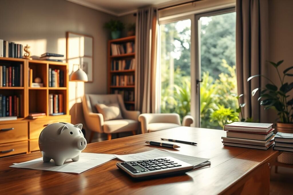 A comfortable home office with a warm, inviting ambiance. In the foreground, a wooden desk with a piggy bank, calculator, and papers neatly arranged, symbolizing smart financial planning. The middle ground features a cozy armchair and a bookshelf filled with personal finance books, hinting at the importance of continued education. Sunlight streams through a large window, casting a soft glow on the scene and creating a sense of tranquility. The background showcases a lush, verdant garden, representing the long-term growth and security of a well-managed retirement savings. The overall composition conveys a balanced, thoughtful approach to securing one's financial future.