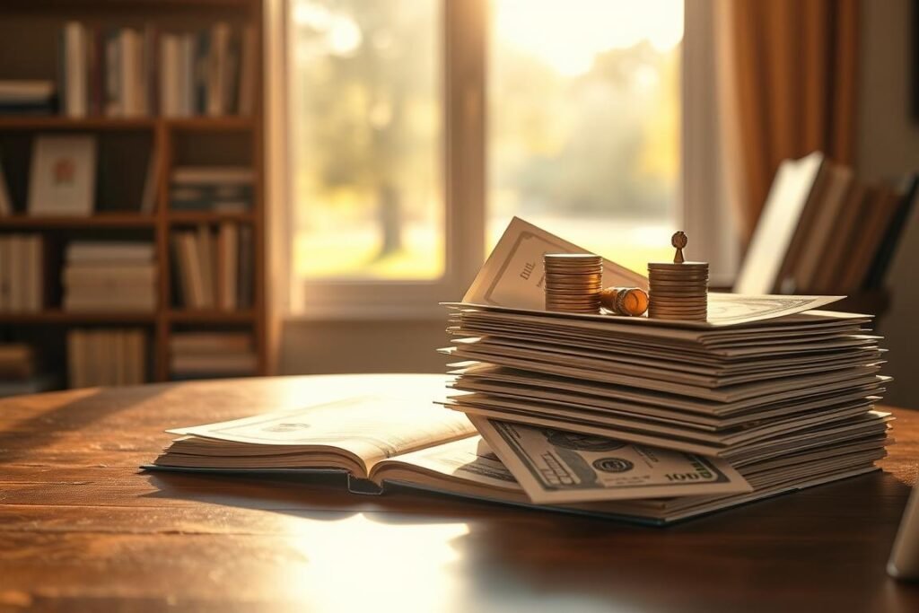 A retirement savings portfolio composed of diversified financial instruments, including stocks, bonds, and cash equivalents, illuminated by warm, natural lighting and captured from a three-quarter front view. The portfolio is neatly organized on a wooden desk, with a sense of balance and security. The background features a bookshelf and a window overlooking a serene, park-like setting, conveying a sense of stability and long-term planning. The overall mood is one of financial prudence, thoughtfulness, and a vision for a secure, comfortable retirement.
