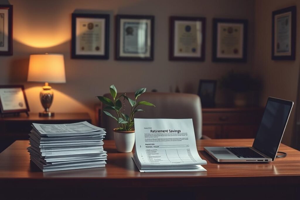 A serene, dimly lit office setting with a warm, inviting atmosphere. On a wooden desk, stacks of financial documents and a laptop display various retirement savings options - 401(k)s, IRAs, annuities, and investment accounts. A potted plant and a tasteful desk lamp add touches of nature and sophistication. The walls are adorned with framed certificates and awards, conveying a sense of financial expertise and trustworthiness. Soft, directional lighting casts subtle shadows, creating depth and a contemplative mood, ideal for exploring the complexities of retirement planning.