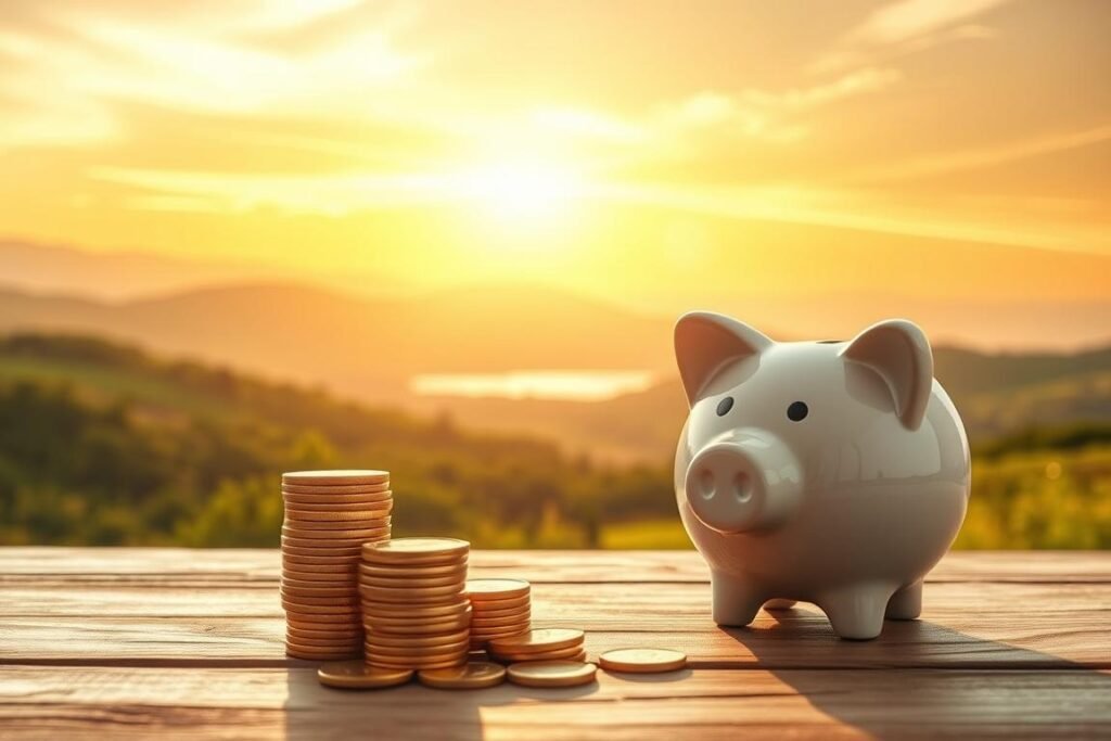 A serene, sunlit retirement savings scene. In the foreground, a stack of gold coins and a piggy bank sit atop a wooden table, symbolizing the growth of financial resources. In the middle ground, a lush, verdant landscape with rolling hills and a tranquil lake reflects the peaceful, secure future that retirement planning can provide. The background features a warm, golden sky with wispy clouds, conveying a sense of hopeful possibility. Soft, diffused lighting bathes the scene, creating a tranquil, contemplative atmosphere. The overall composition evokes a feeling of financial stability, personal fulfillment, and a brighter tomorrow.