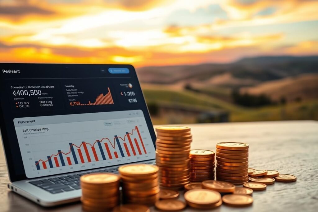 Detailed and meticulously crafted image of a retirement savings account. In the foreground, a sleek, modern financial dashboard displays account balances, investment performance, and retirement projections. The middle ground features stacks of gold coins, symbolic of the wealth being accumulated. In the background, a serene landscape with rolling hills and a vibrant sunset sky, conveying a sense of financial security and a bright future. Soft, warm lighting illuminates the scene, creating a tranquil and inviting atmosphere. The composition is elegant, well-balanced, and visually appealing, capturing the essence of saving for a comfortable retirement.