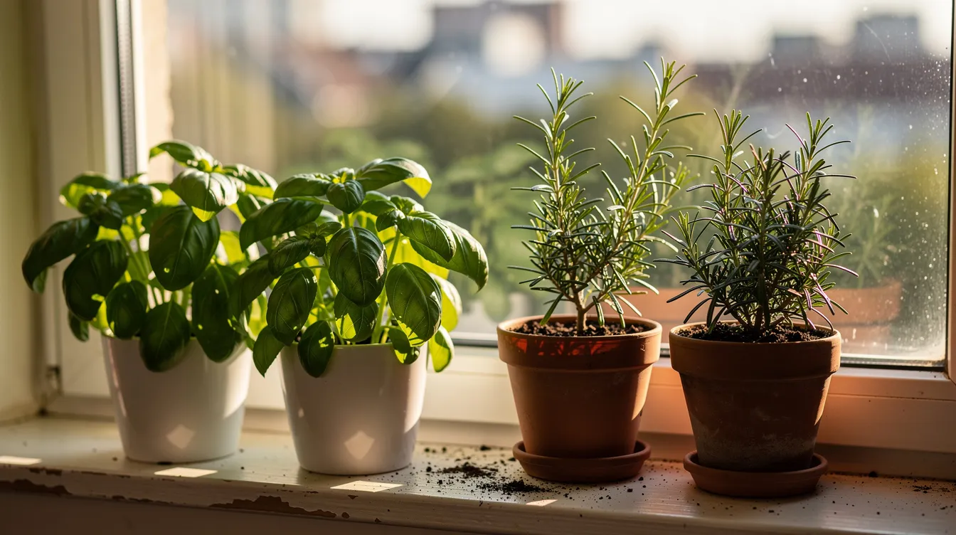 The image depicts a vibrant indoor herb garden featuring lush basil and rosemary plants thriving on a sunny windowsill. This engaging indoor activity not only enhances the space but also promotes mental well-being and cognitive stimulation for older adults.