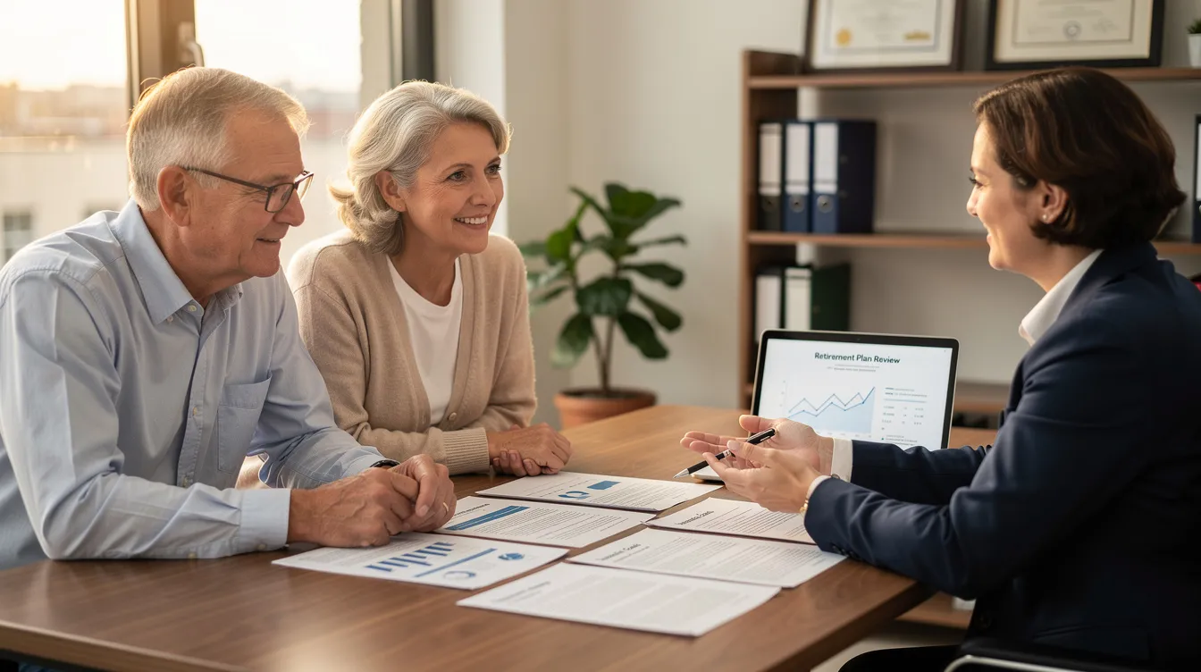 An older couple is seated at a desk with a certified financial planner, reviewing documents related to their retirement income plan. The scene captures a collaborative discussion about their financial goals and investment strategies, emphasizing the importance of retirement planning for a secure future.