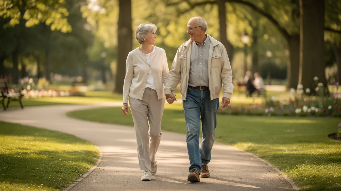 An older couple strolls hand-in-hand through a serene park, surrounded by lush greenery and blooming flowers, enjoying their retirement years together. This peaceful scene reflects the importance of planning for retirement income and living expenses, ensuring a fulfilling life in their golden years.