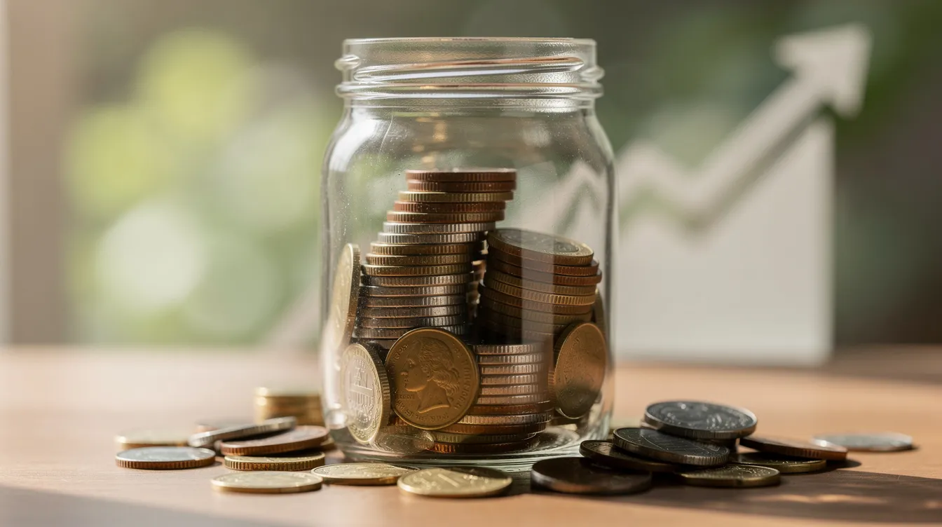 The image features a clear jar filled with various coins, symbolizing the idea of growing savings for retirement. This visual represents the importance of accumulating retirement savings to achieve a desired retirement lifestyle and meet future financial goals.