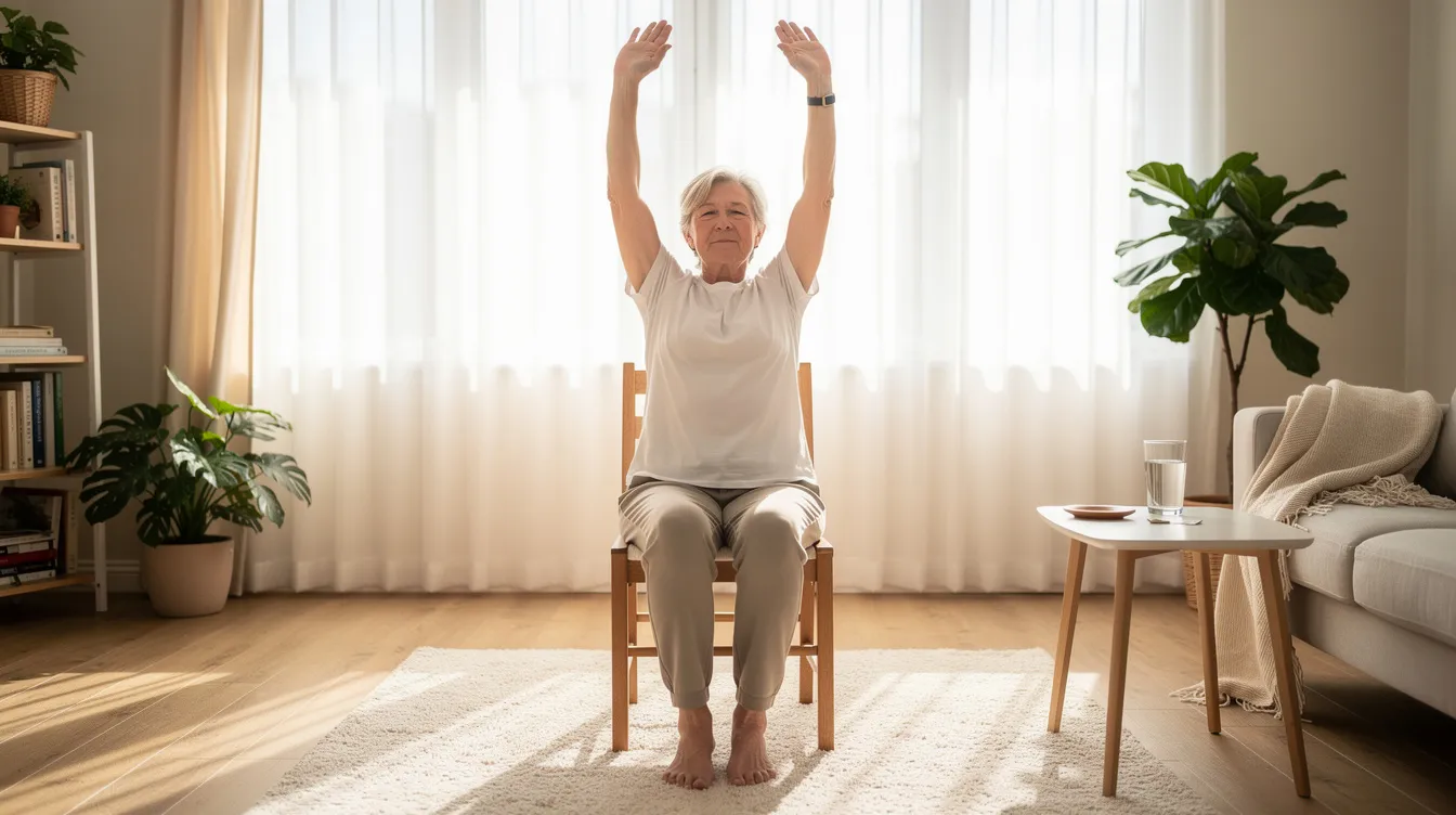 An elderly person is practicing gentle chair yoga in a bright living room, surrounded by natural light, which promotes physical health and emotional well-being. This engaging indoor activity is a wonderful way for older adults to stay active and improve their overall health while enjoying a peaceful environment.