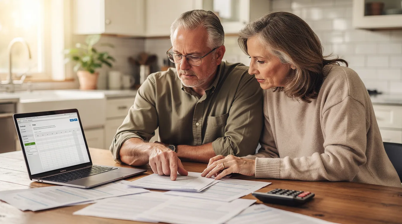 A couple in their 50s is sitting at a kitchen table, reviewing financial documents related to their retirement plan, including investment portfolios and potential expenses. They appear focused as they discuss their retirement savings and strategies to ensure sufficient income during retirement age.