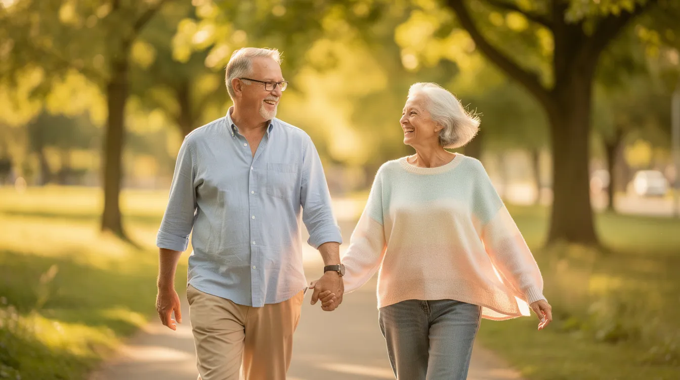 A joyful retired couple strolls hand in hand through a scenic outdoor setting, embodying the essence of a fulfilling retirement lifestyle. Their happiness reflects the importance of planning for retirement income and savings to enjoy their golden years together.