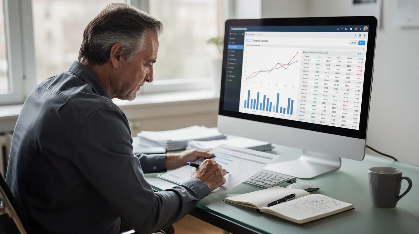 A person in their 50s is sitting at a desk, intently reviewing financial information on a computer screen, which includes details about their retirement savings, investment portfolio, and potential retirement income strategies. This scene highlights the importance of planning for retirement, considering factors like health care costs and social security benefits.
