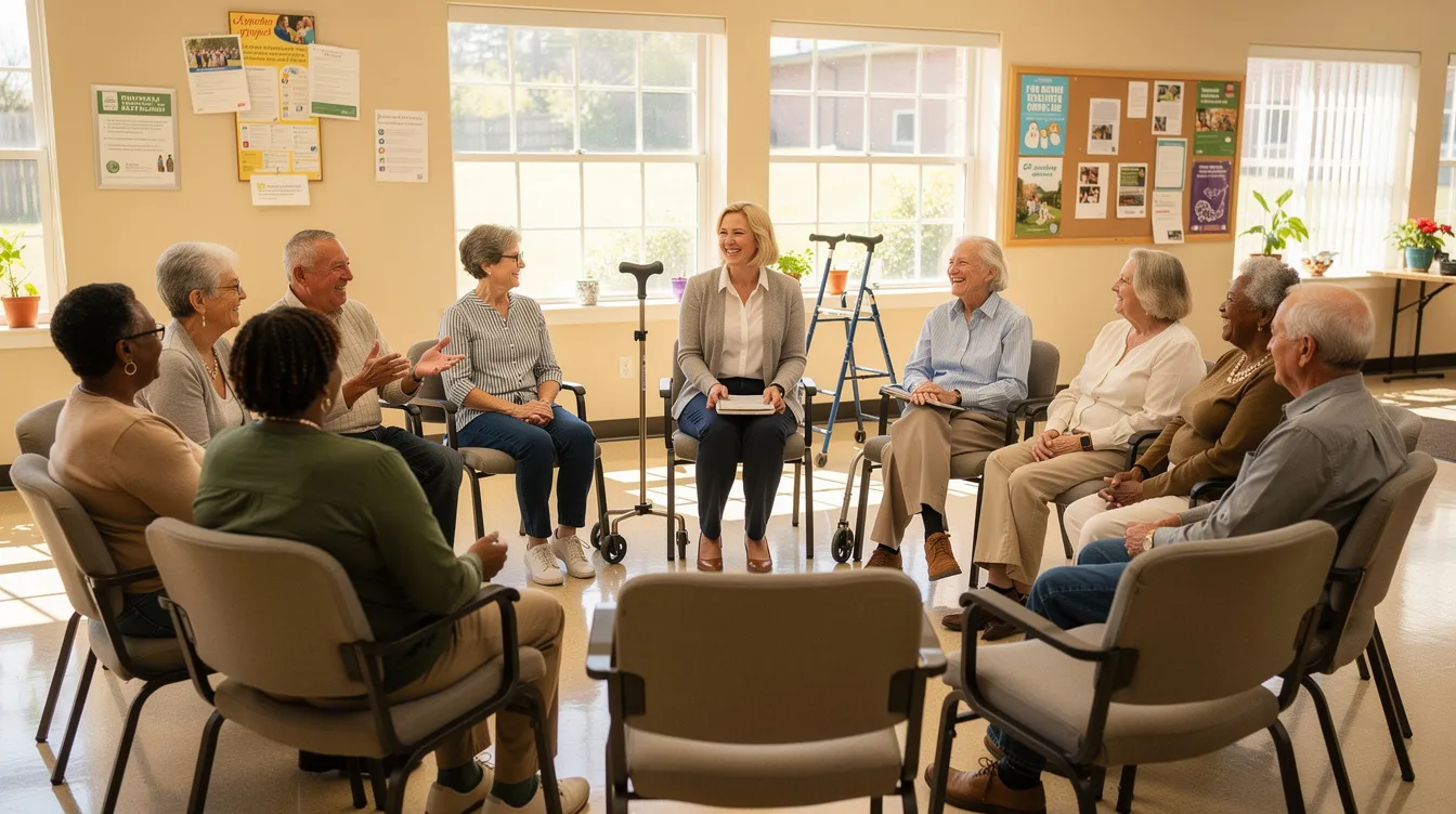 A group of elderly adults is gathered in a community center, sitting in a circle of chairs as they engage in a social activity that promotes mental and physical health. This setting fosters social connections and encourages participation in enjoyable activities, contributing to their overall well-being.