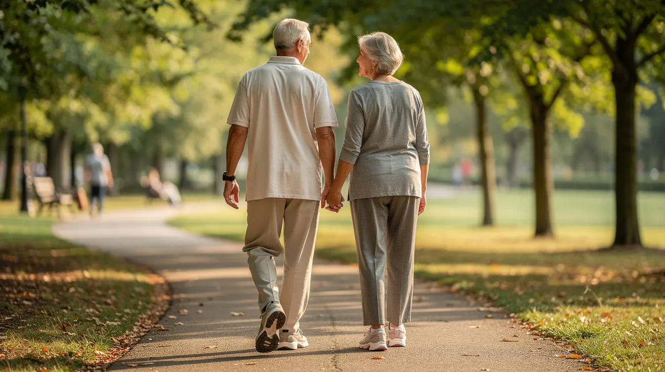 Two seniors are walking together on a tree-lined path, wearing comfortable walking shoes, enjoying the outdoors and engaging in physical activity that promotes their overall health and well-being. This social interaction fosters connections and combats loneliness, making it a wonderful way for older adults to stay active and engaged in their community.