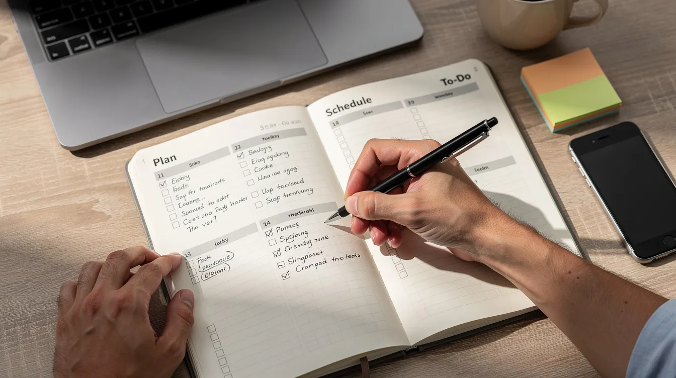 A person is sitting at a desk, diligently writing notes in a planning notebook, likely outlining their retirement strategy, including aspects like retirement savings, investment portfolio, and potential expenses. The scene conveys a sense of focus on preparing for a secure financial future.
